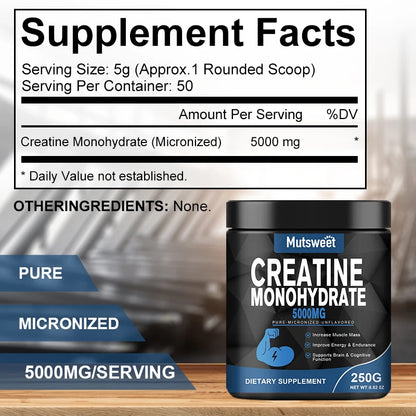 MUTSWEET Creatine Monohydrate Item 5000mg Pure Unflavored Micronized Pre Workout Keto Vegan Dissolves Easy Muscle Recovery